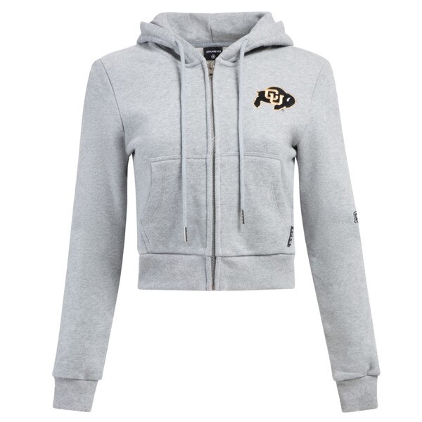 A heather gray full zip cropped hoodie with a drawstring hood, banded cuffs and waist, two front pockets, and a C-U buffalo logo on the left chest.
